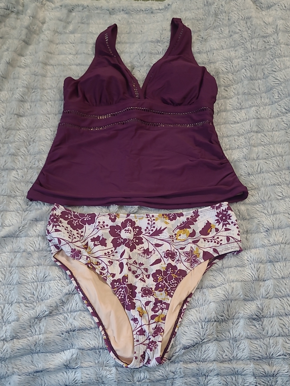 Amazon Plum Tankini Top with Floral Cream and Plum Bikini Bottoms